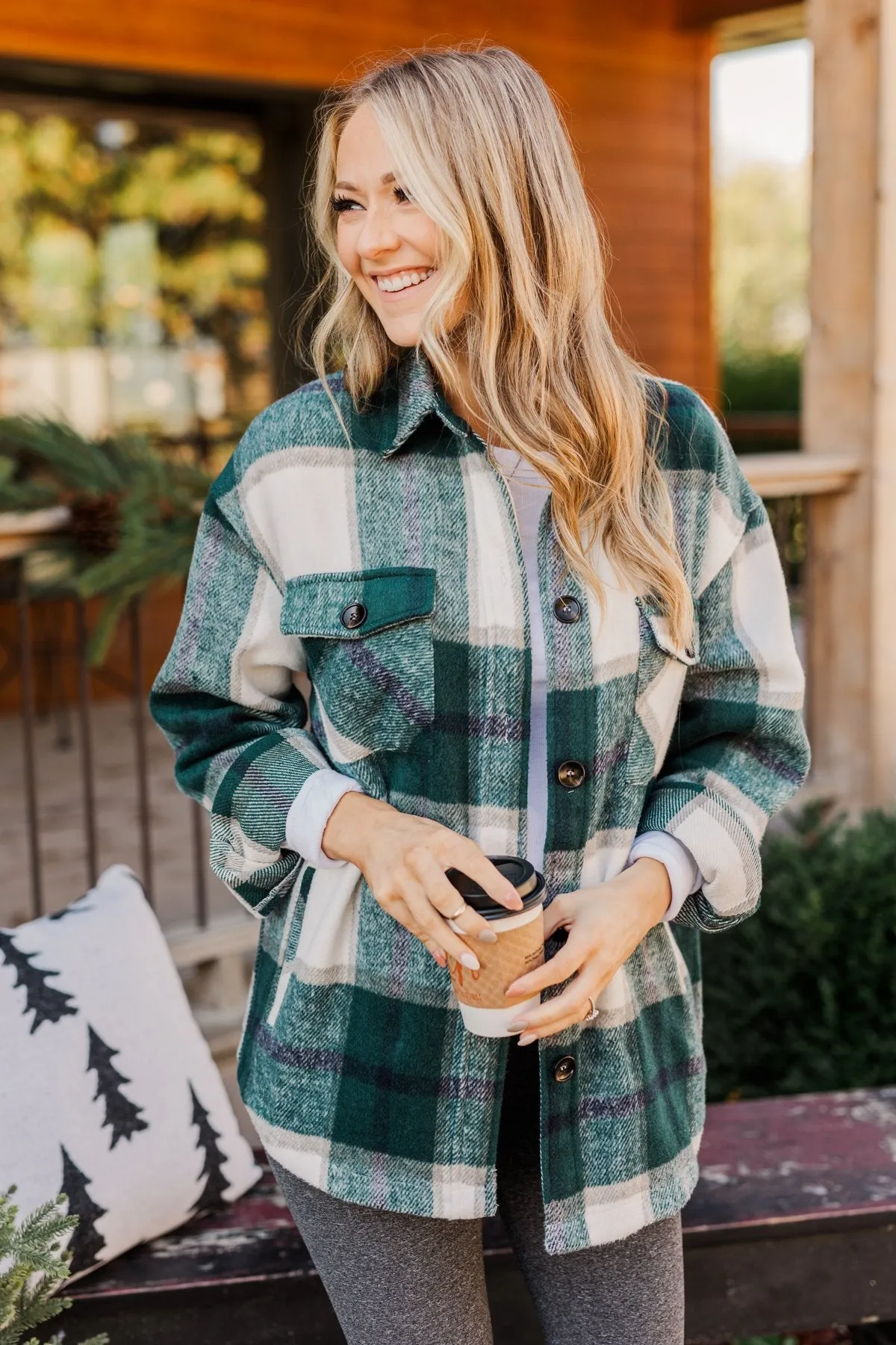 Winter Blessing Plaid Jacket- Dark Jade & Ivory