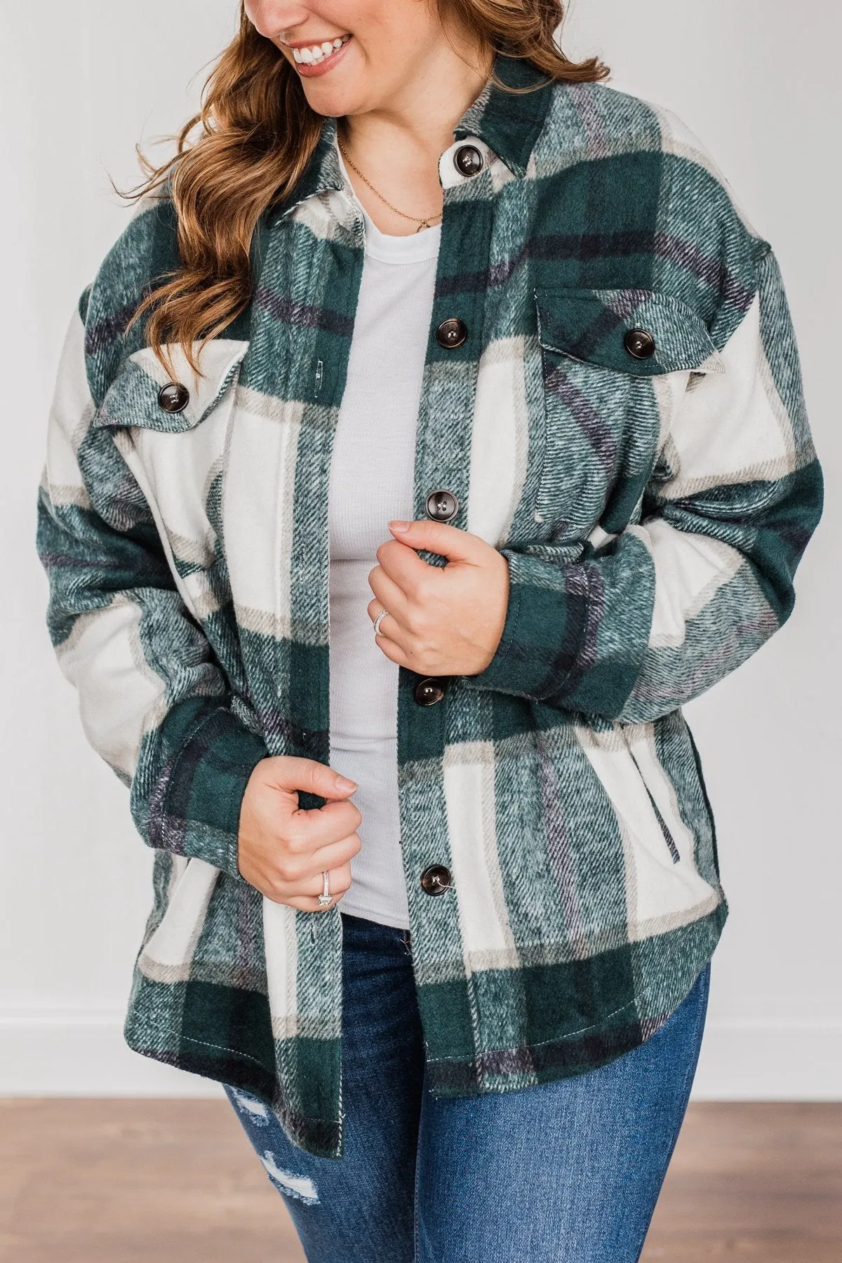 Winter Blessing Plaid Jacket- Dark Jade & Ivory