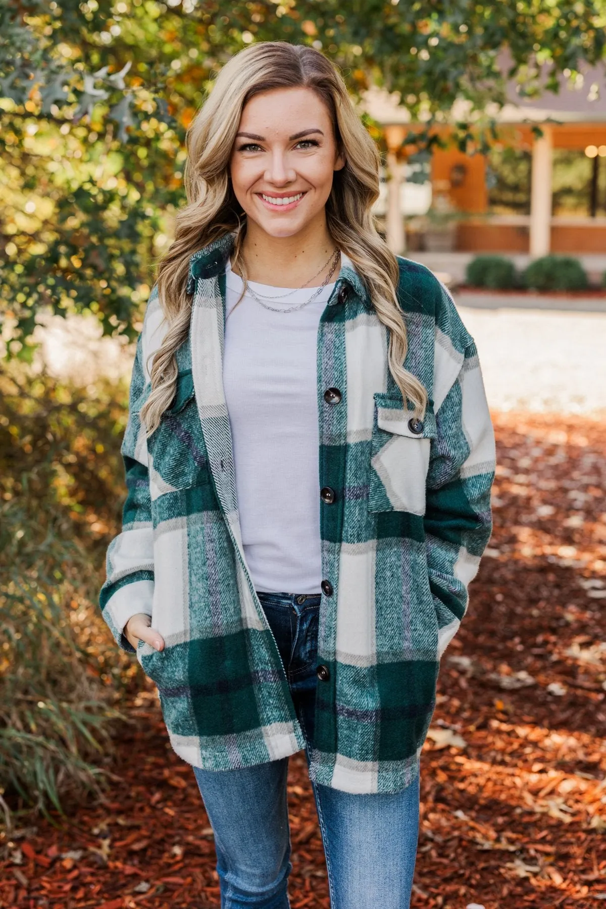 Winter Blessing Plaid Jacket- Dark Jade & Ivory