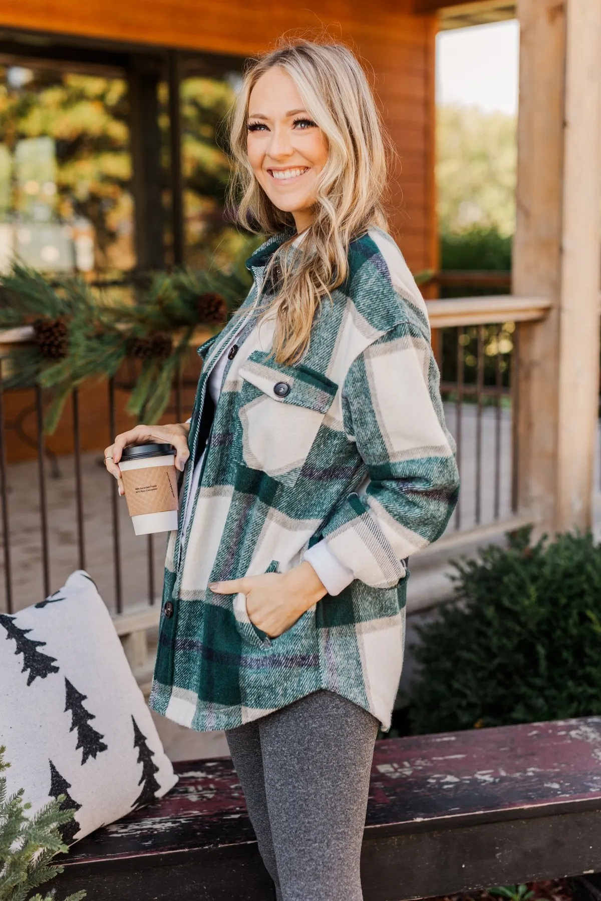 Winter Blessing Plaid Jacket- Dark Jade & Ivory