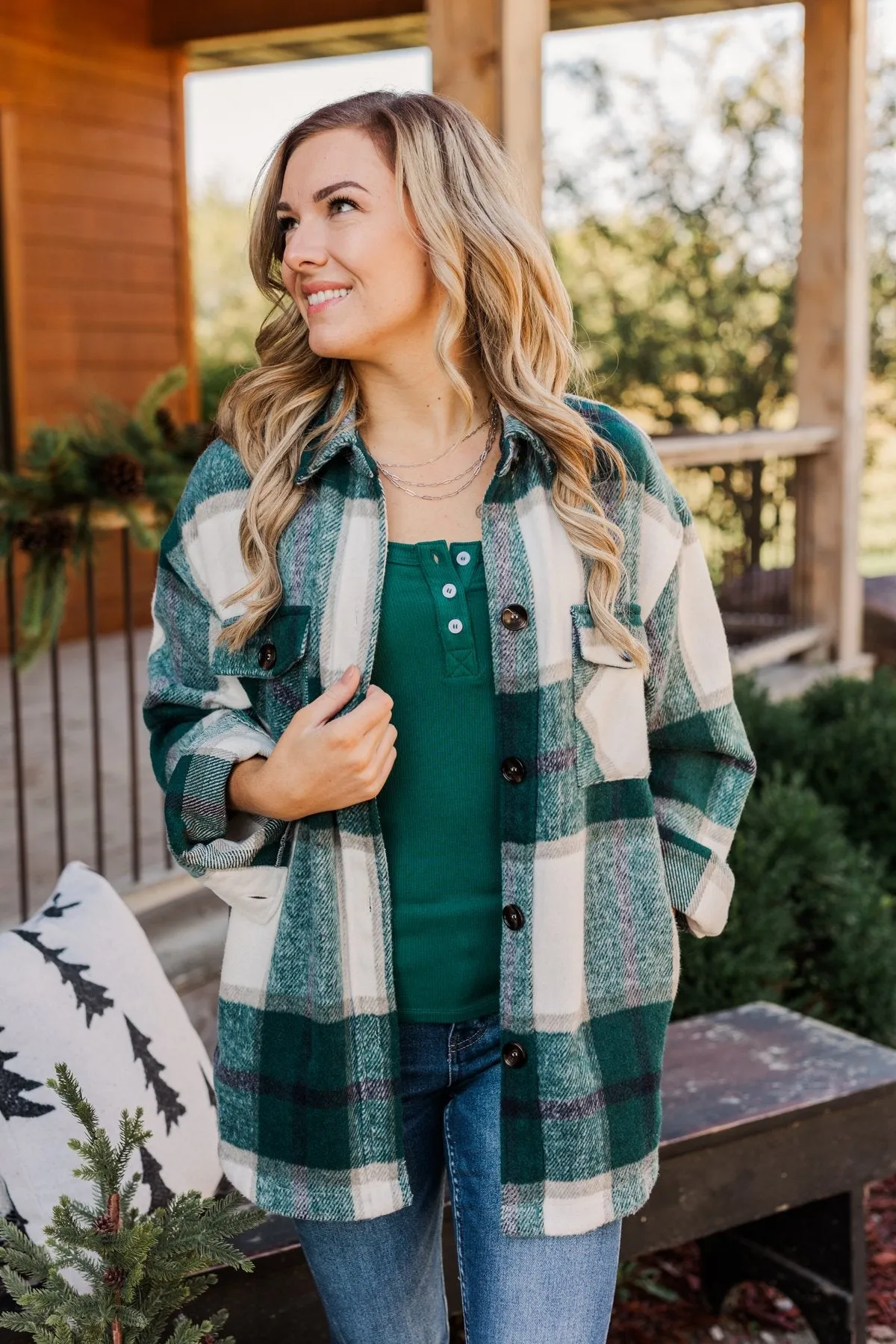 Winter Blessing Plaid Jacket- Dark Jade & Ivory