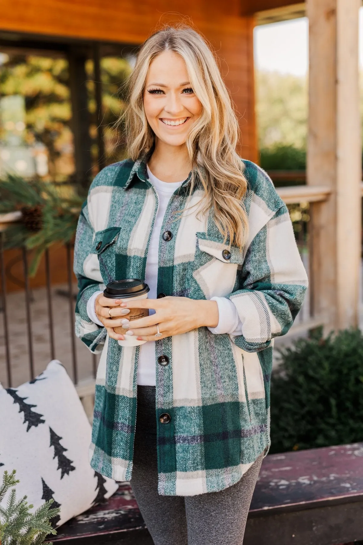 Winter Blessing Plaid Jacket- Dark Jade & Ivory