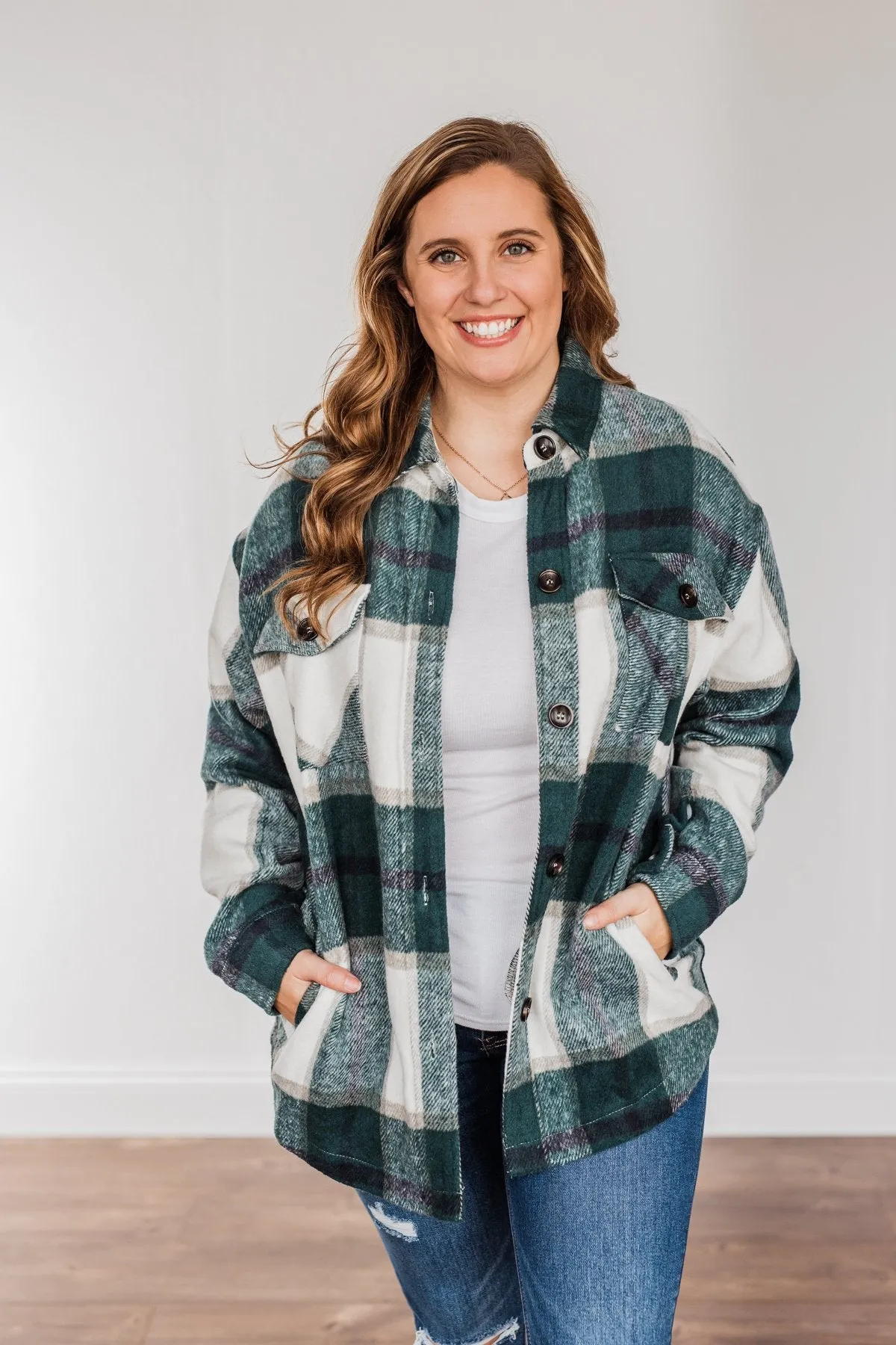 Winter Blessing Plaid Jacket- Dark Jade & Ivory