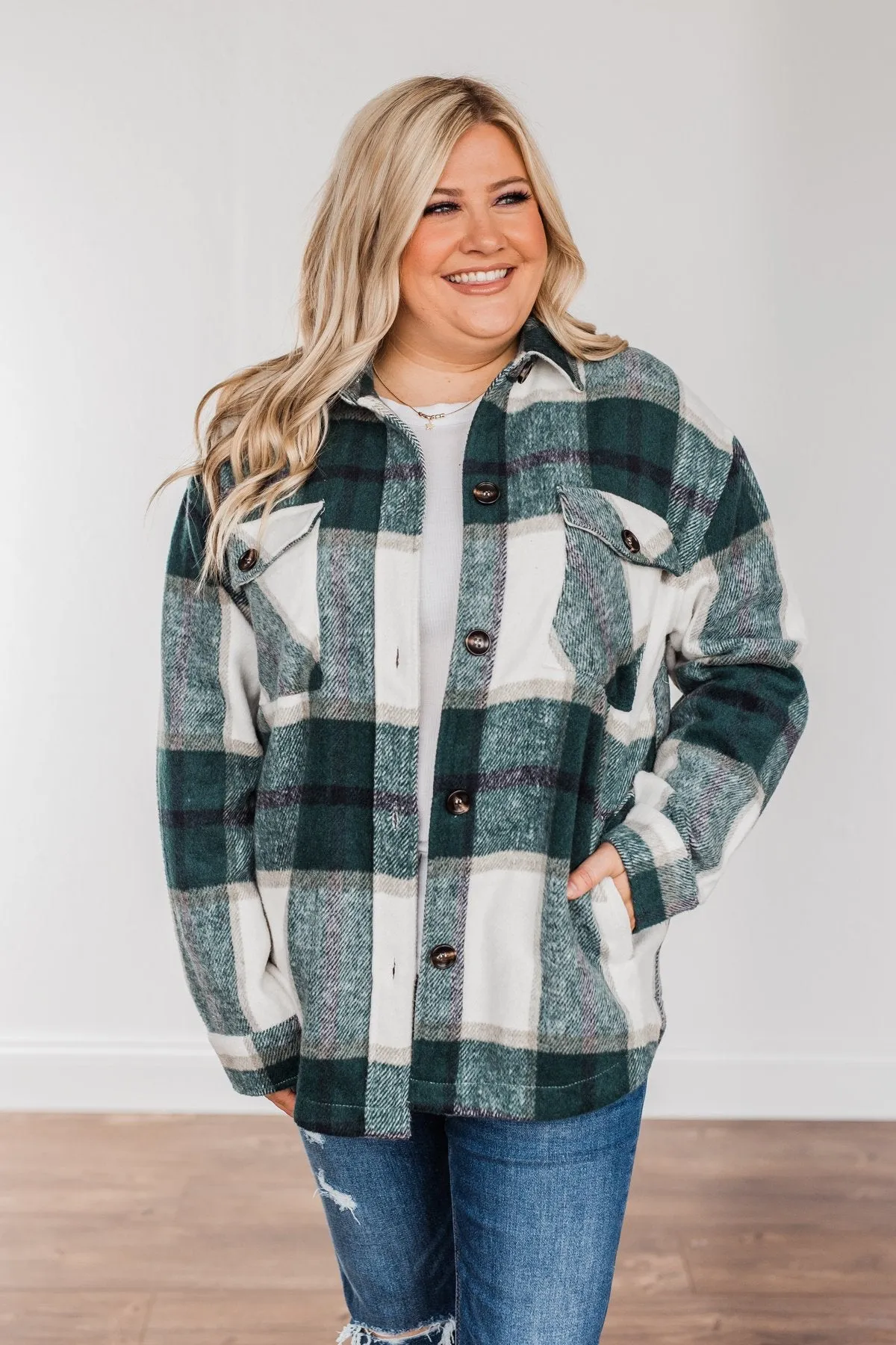 Winter Blessing Plaid Jacket- Dark Jade & Ivory