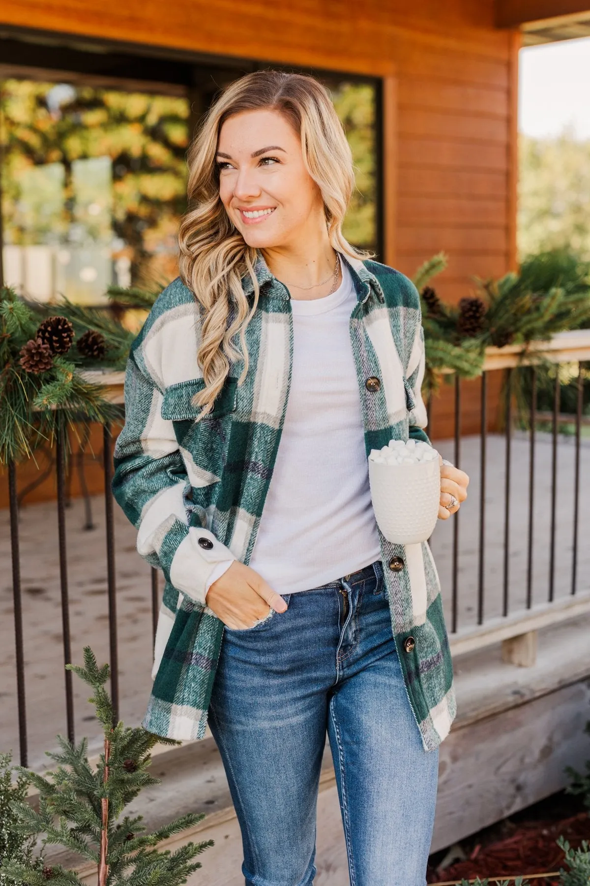 Winter Blessing Plaid Jacket- Dark Jade & Ivory