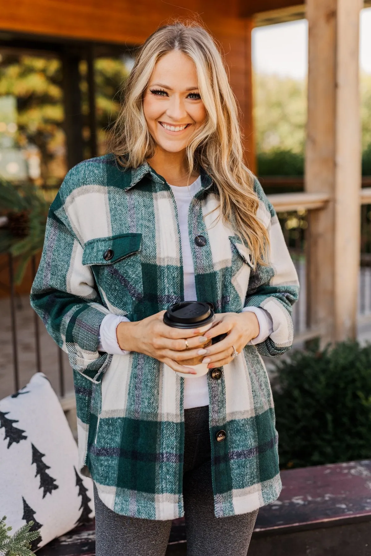 Winter Blessing Plaid Jacket- Dark Jade & Ivory