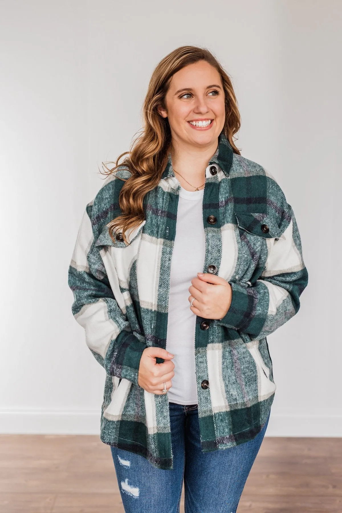 Winter Blessing Plaid Jacket- Dark Jade & Ivory