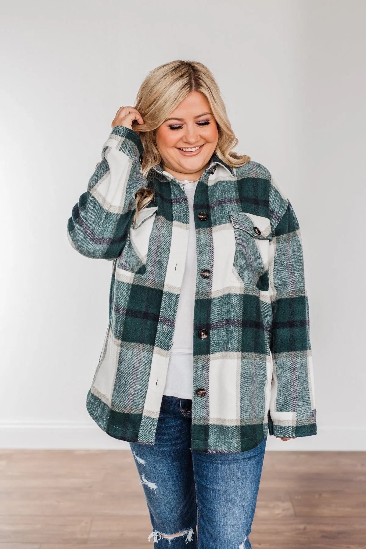 Winter Blessing Plaid Jacket- Dark Jade & Ivory