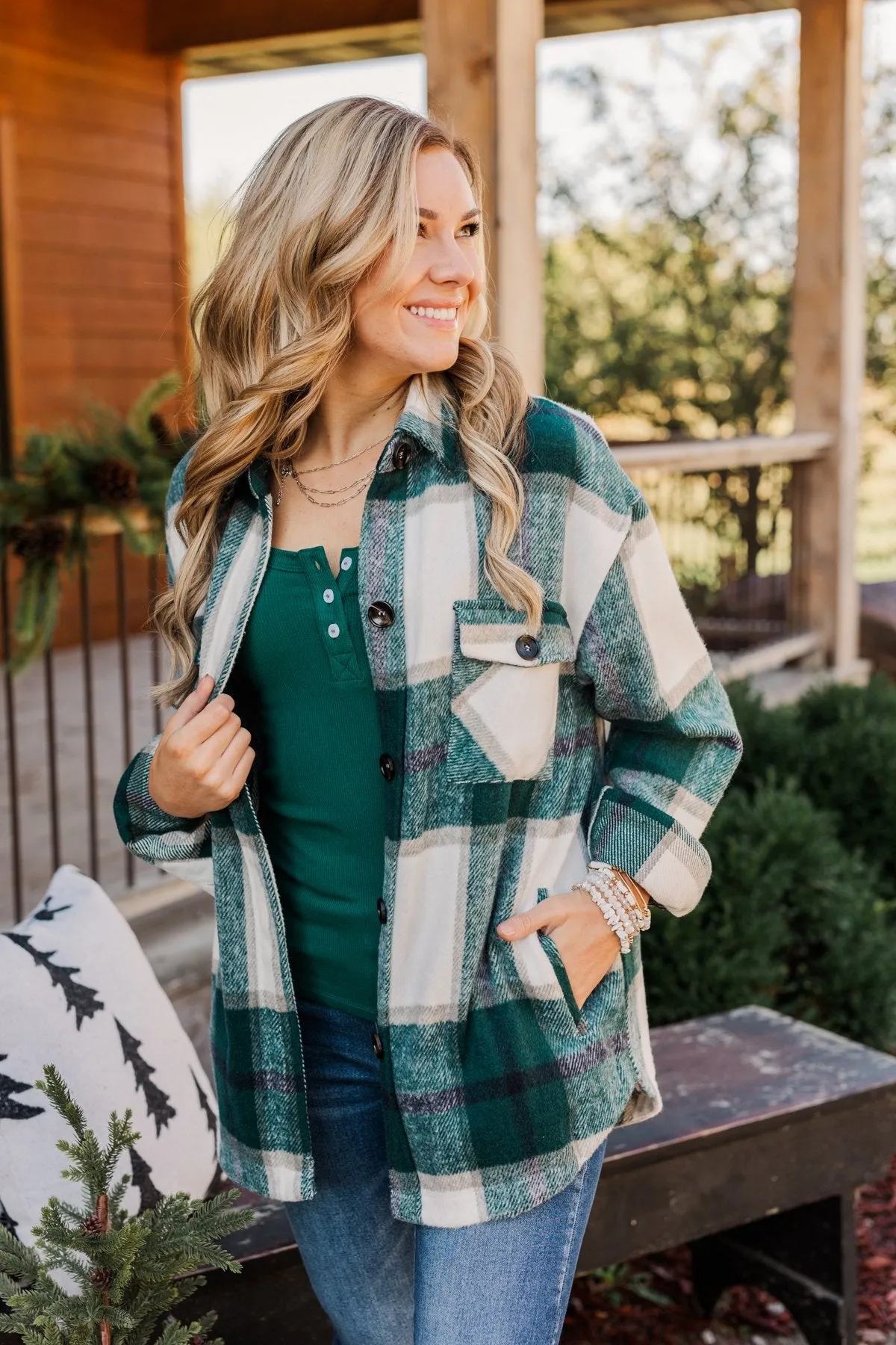 Winter Blessing Plaid Jacket- Dark Jade & Ivory