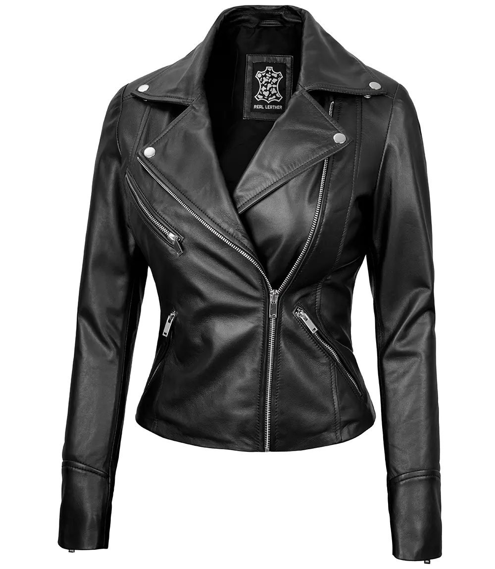 Women's Black Asymmetrical Real Leather Motorcycle Jacket