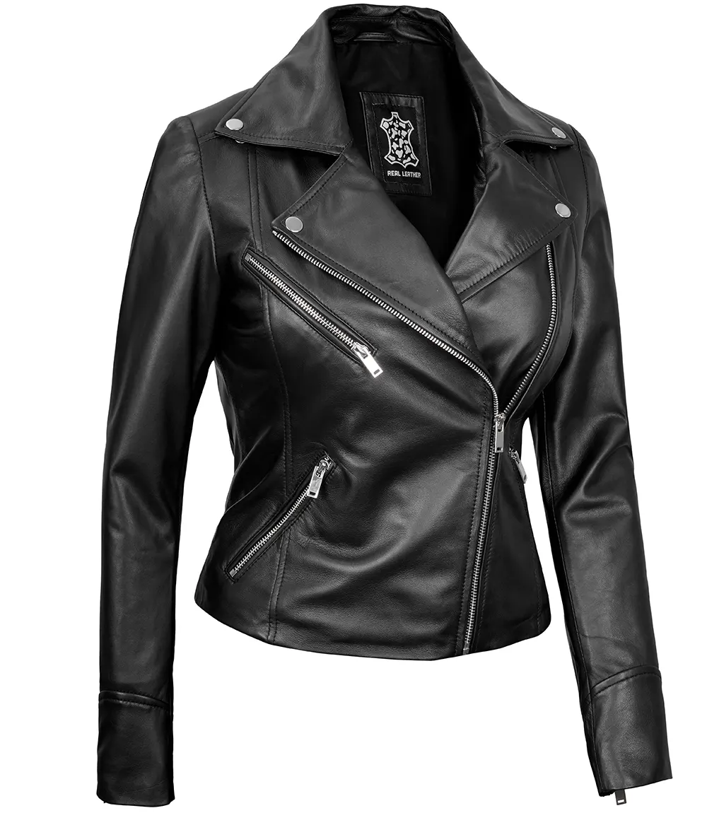 Women's Black Asymmetrical Real Leather Motorcycle Jacket