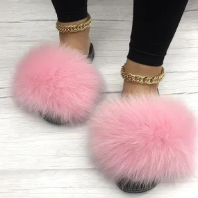 Women's Light Gray Summer Big Fluffy Real Fox Fur House Slippers