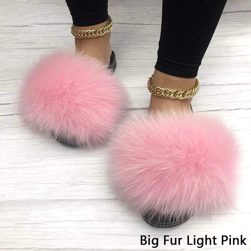 Women's Light Gray Summer Big Fluffy Real Fox Fur House Slippers