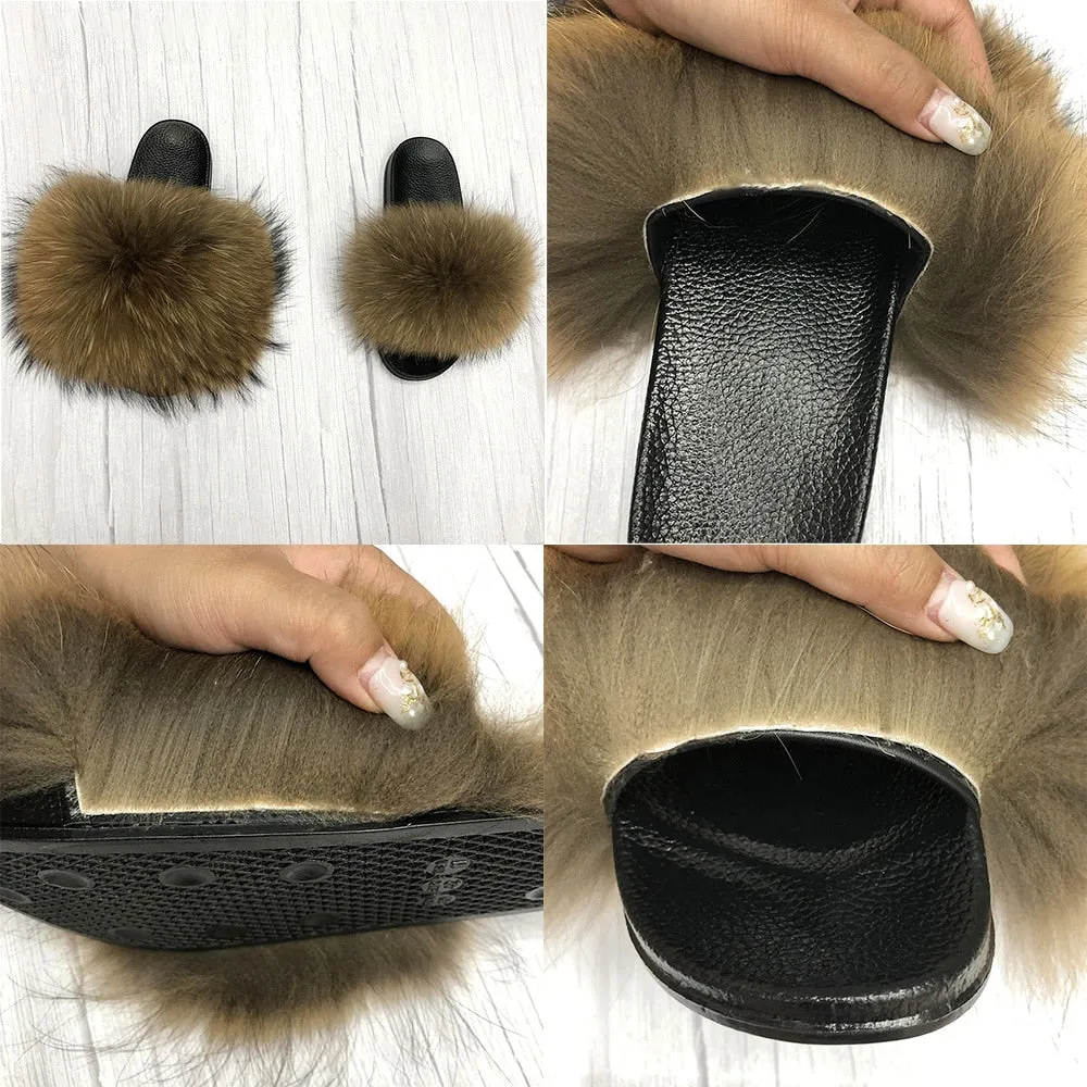 Women's Light Gray Summer Big Fluffy Real Fox Fur House Slippers