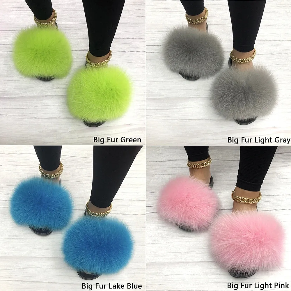 Women's Light Gray Summer Big Fluffy Real Fox Fur House Slippers