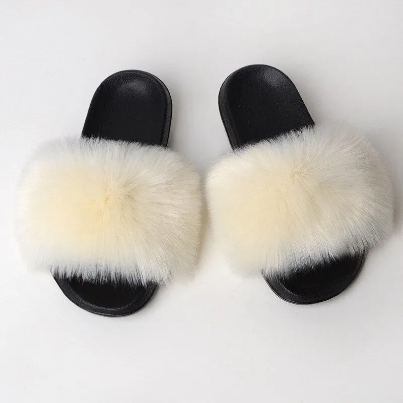 Women's Summer Beige Color Synthetic Fur Fluffy Flat Indoor Slides Slippers